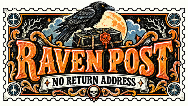 Raven Post Halloween Stamp with Black Raven, Parcel and Perforated Border, Vintage Orange Gothic Lettering, Spooky Mail Badge on a Light Background
