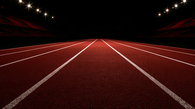 Dramatic red running track in a dark stadium under bright spotlights. Perfect for sports motivation and achievement concepts.