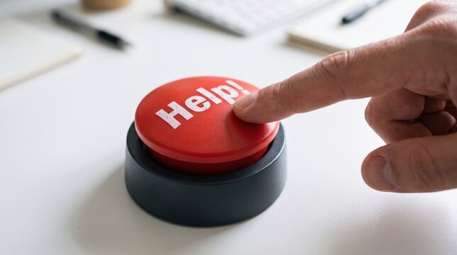 Hand pressing a large red help button on an office desk to get assistance.