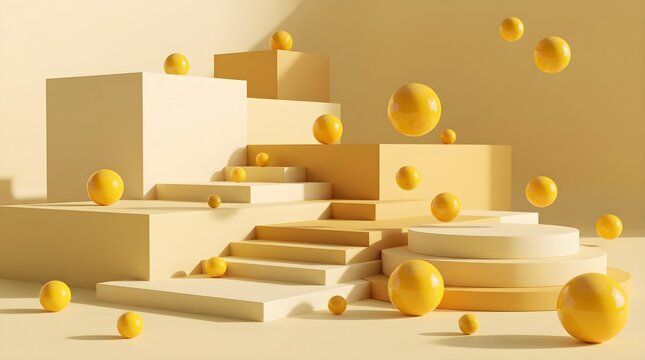 Yellow geometric architecture with stairs, cubes, round podium and floating glossy spheres on warm pastel background