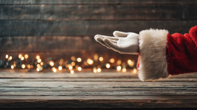Santa hand reaching out with lights in the background