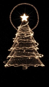 Christmas tree made of golden glitter particles assembles with a glowing star and disperses on black