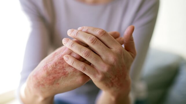 Close-up of irritated red skin on hands with visible eczema rash and itching discomfort, skin condition concept for dermatology, treatment, allergy and healthcare content