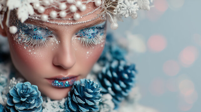 Winter themed makeup with snow and pine cone accents in a colorful background