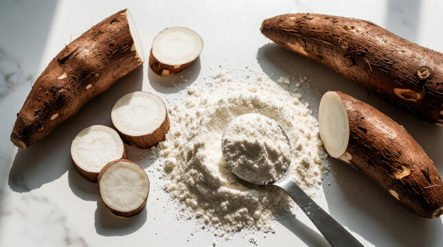 Fresh cassava roots, sliced tubers lie on white marble table. White tapioca starch flour in metal spoon with pile on surface. Natural sunlight creates soft shadows. Raw organic vegetable ingredients