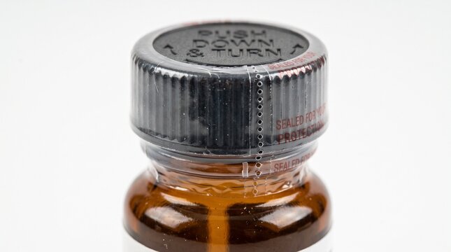 Childproof Medicine Bottle Cap Close Up, Amber Glass Pharmaceutical Vial with Black Safety Cap, Sealed Prescription Container Top