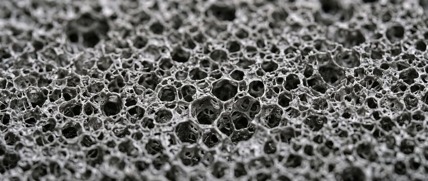 Open cell acoustic foam texture in macro close up. Black porous soundproofing sponge material for studio insulation background