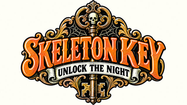 Skeleton Key Halloween Badge with Antique Key, Ornate Crossbones and Vintage Gothic Details, Spooky Orange and Black Emblem on a Light Background
