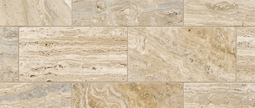 Layered travertine stone tile texture in close up. Natural beige limestone blocks for architectural wall cladding and interior construction background