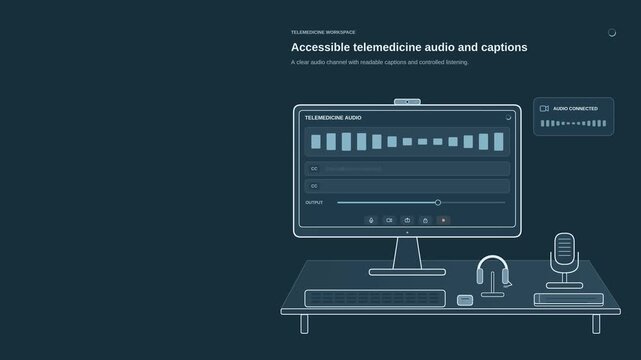 Accessible telemedicine audio and captions animation with sound controls, live subtitles and communication interface, clean healthcare motion graphic for inclusive virtual care and digital health