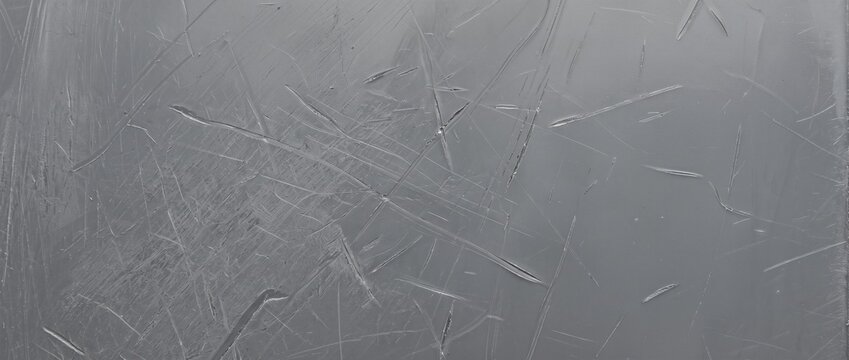 Scratched grey plastic surface with worn marks and abrasions. Close up of damaged durable polymer material background