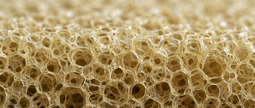 Porous open cell polyurethane foam texture in close up. Macro view of cellular sponge material for insulation background