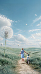 Naklejka premium Young traveler standing with bicycle beneath giant dandelions in surreal meadow with contemplative poise. Wellbeing brands, nature tourism, creative publishing concept.
