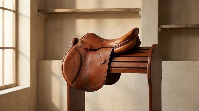 Equestrian saddle on a wooden stand in a sunlit room, ready for riding.