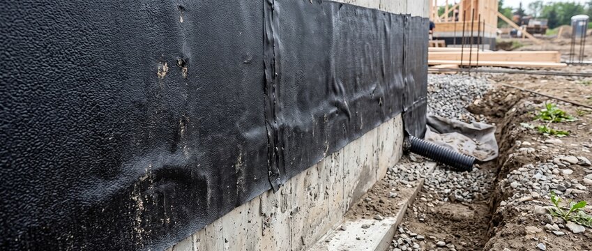 Waterproof foundation membrane on concrete wall. Bituminous moisture barrier installation with drainage pipe at construction site. Building waterproofing and drainage system