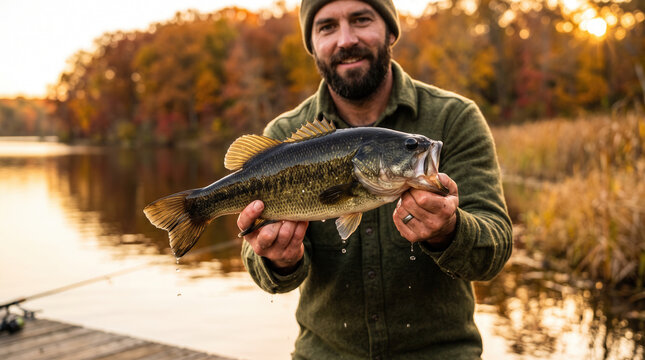 Man holding a bass fish caught during autumn lake fishing  