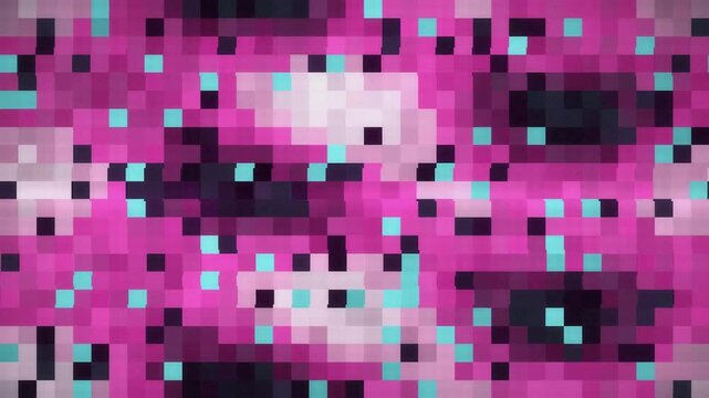 Digital glitch transition with RGB split, blocky displacement and static noise bursts, seamless loop in rich cyan tones