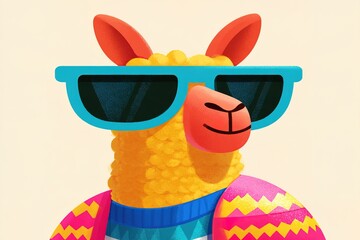 Fototapeta premium Llama wearing sunglasses and colorful sweater smiles at the viewer