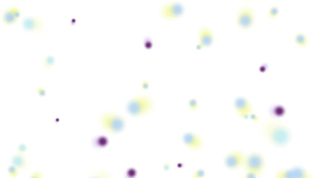 Seamless loop of abstract blurred bokeh dots featuring blue, yellow, and purple chromatic aberration. The soft colorful particles drift smoothly through a continuous, hypnotic fluid flow field.