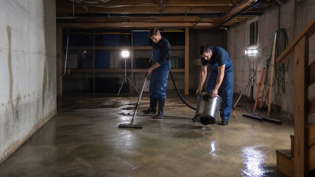 Workers remove basement floodwater during home water damage cleanup
