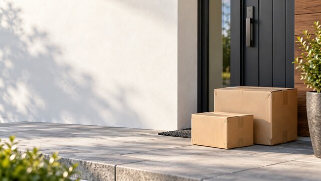 Home package delivery with cardboard boxes at front door