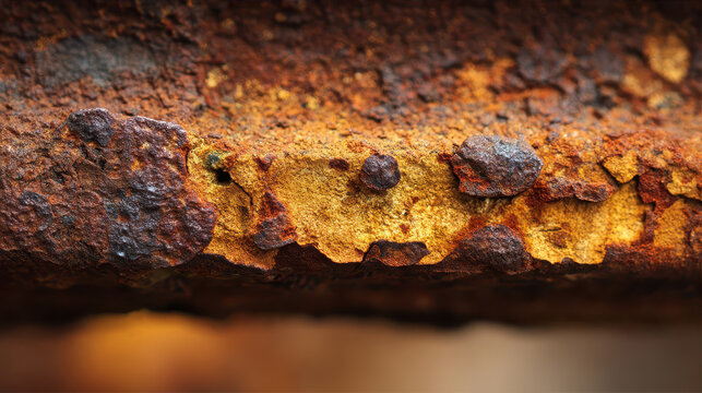 Rust builds up on iron surface with corrosion and wear observed in close view