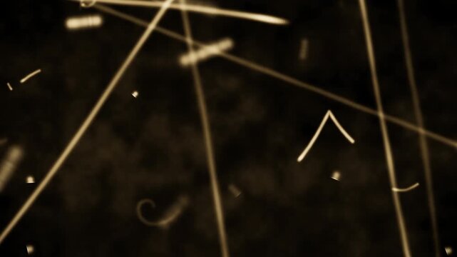 Cloud chamber particle tracks on black background, muon lines, alpha stubs and spiralling electrons overlay in soft sodium tones