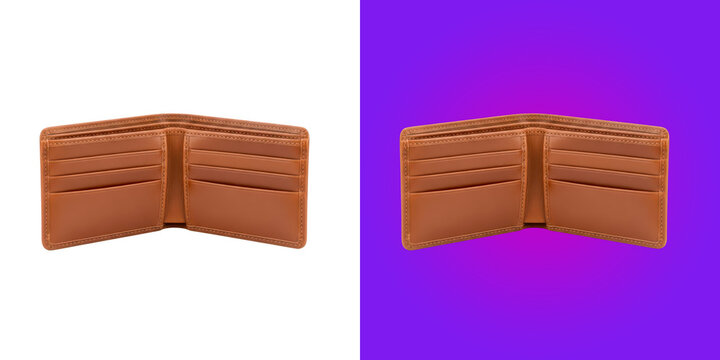 Open empty brown leather wallet showing multiple credit card slots and compartments