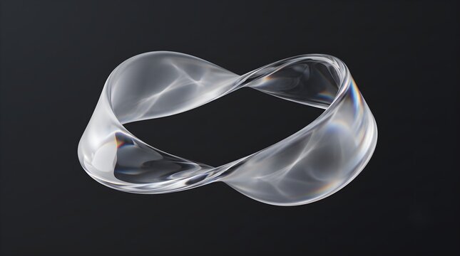 3D abstract floating frosted glass mobius strip on dark charcoal background
