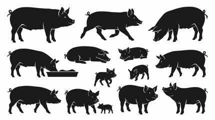 Fototapeta premium Pig silhouettes collection set standing walking eating. Varied domestic sow boar piglet livestock poses. Different animal group icons isolated on white. Clean minimalist flat vector illustration.