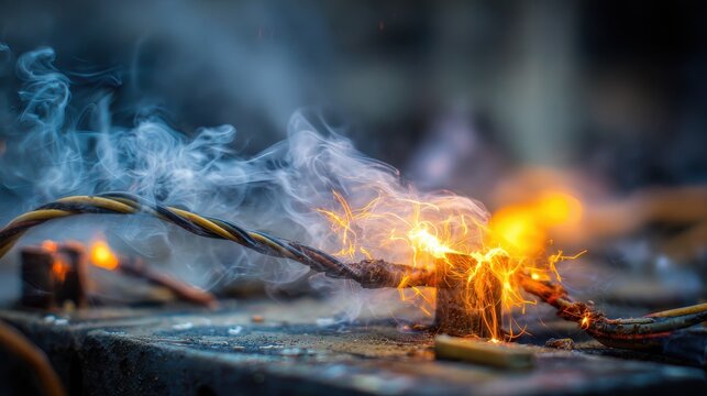 Electrical fault sparks close up of short circuit with smoke from burning wires in a workshop setting
