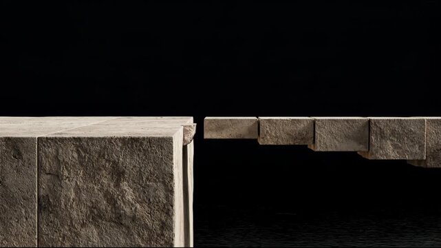 Photorealistic concrete blocks form a suspended bridge with dramatic lighting on a black background, symbolizing transition