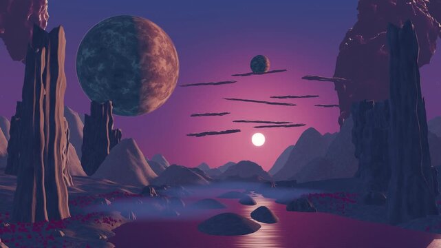 Futuristic fantasy landscape, sci-fi with planets able to loop endless 4k
