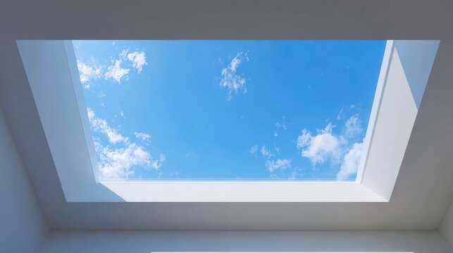 View from skylight window showing clear and bright blue sky with clouds during the day