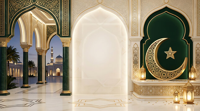Elegant Islamic Arch Interior Backdrop with Golden Crescent and Lanterns
