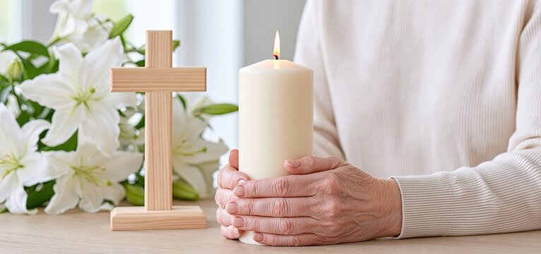 At a memorial, an elderly hand holds a lit candle beside a wooden cross and white lilies, evoking remembrance.