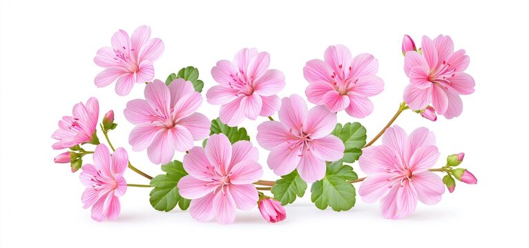 Delicate pink Lewisia rediviva flowers artistically arranged with green leaves on a white background.