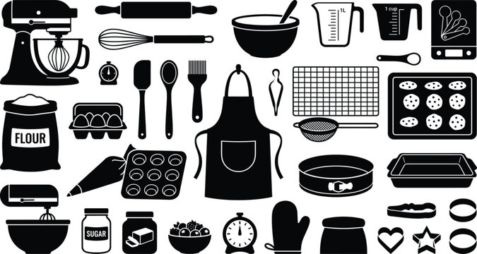 Black and white baking tools, ingredients, and kitchen utensils vector silhouettes set for pastry preparation.