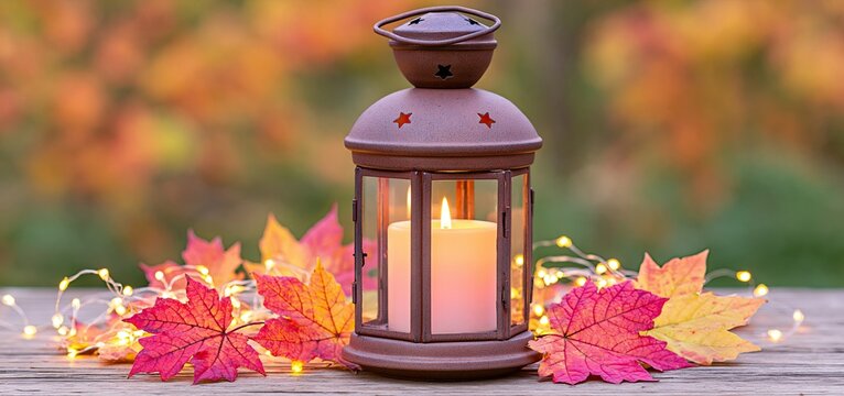A glowing candle inside a metal lantern, framed by autumn leaves and fairy lights for a warm seasonal setting.