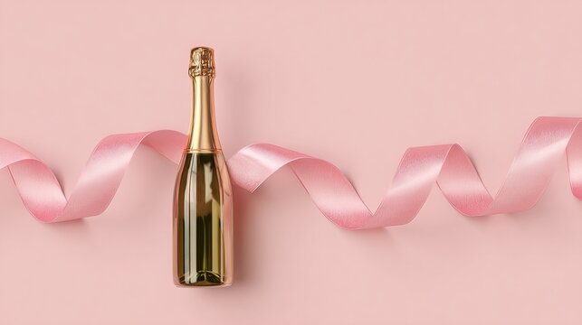 Elegant champagne bottle with flowing pink ribbon, celebrating special moments, a luxurious festive concept, ideal for promotions
