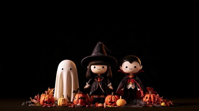 Set of animated cartoon Halloween characters, including a witch, Dracula, and a dancing witch, on a dark background.