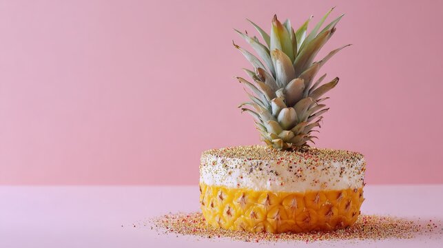 Golden pineapple with creamy white topping and brown sugar sprinkles sits against a soft pastel pink background, concept for delicious food