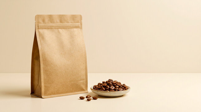 Kraft Stand Up Coffee Pouch with Roasted Beans on Cream Background