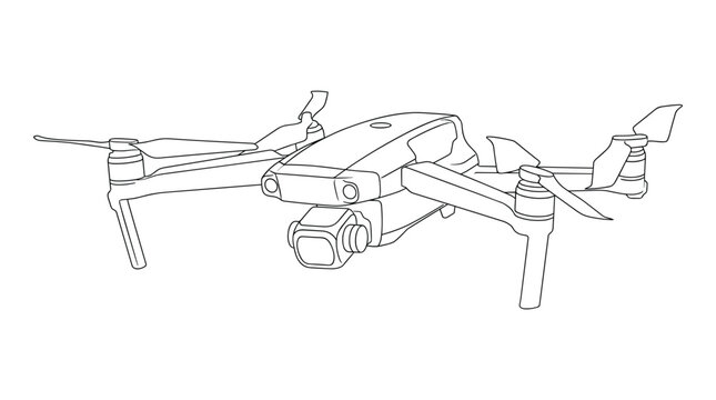 Drone quadcopter line art illustration showing landing gear and gimbal camera system for professional aerial photography and filming.