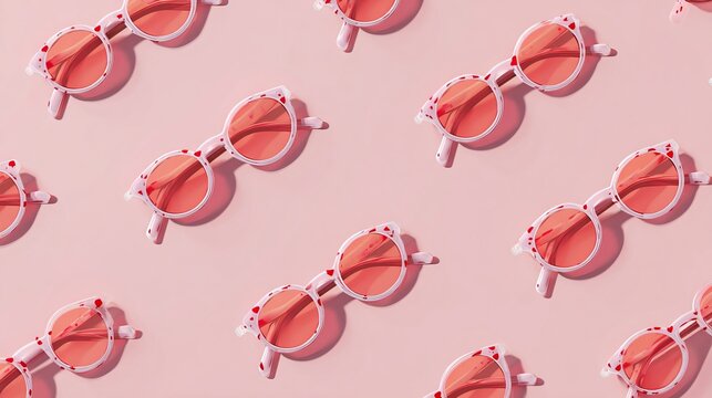 Repeating patterned arrangement of fashionable coral sunglasses lying flat against a soft pastel pink studio backdrop, perfect for summer