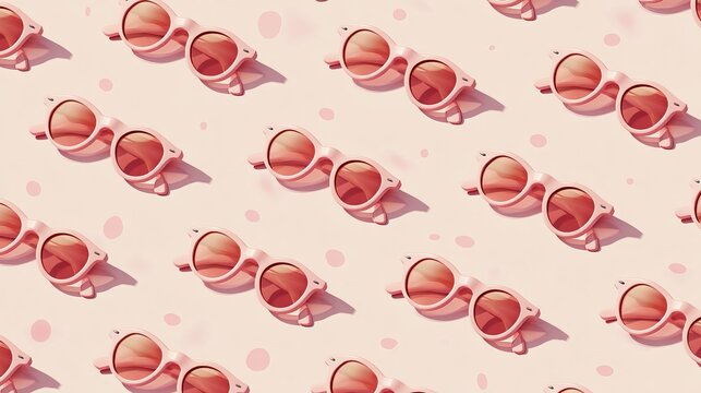 Pink sunglasses neatly arranged in a repeating pattern, showcasing summer vibes, joyful leisure, and stylish eyewear concept for promotions