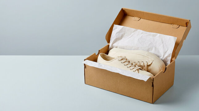 Cream Canvas Sneakers in Kraft Shoebox with White Tissue Paper