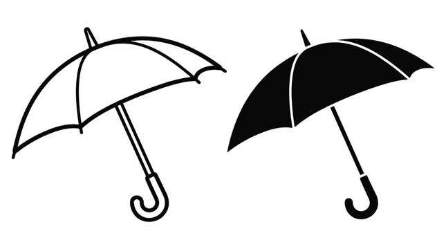 Dual umbrella set featuring outline and silhouette vector icons represents weather protection for rain or sun safety applications.