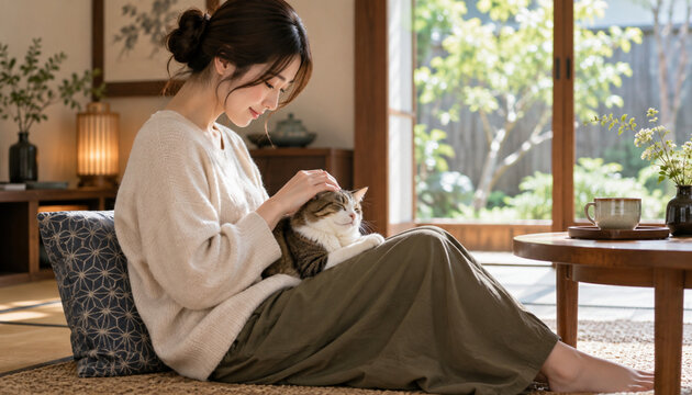 猫を膝にのせて過ごす日本人女性