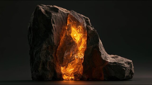 Cracked volcanic rock with a glowing molten core, photorealistic style, on a black background, symbolizing inner transformation